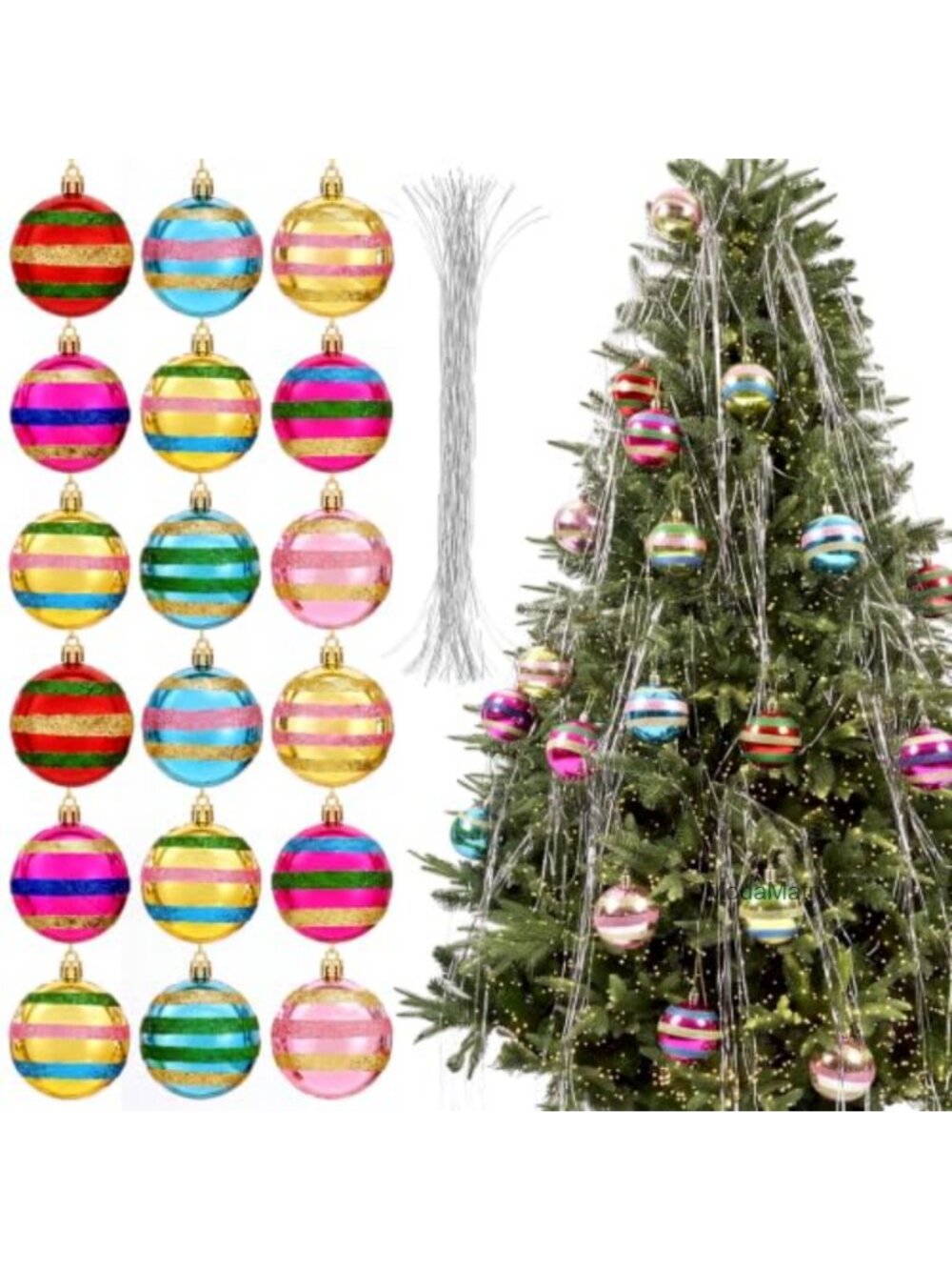 Vintage Striped Ball Christmas Ornaments Set with Silver Tinsel Icicles Holiday